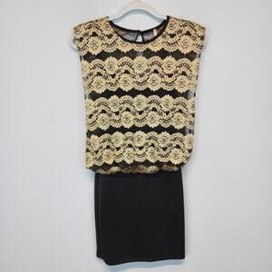 Vintage Gold Lace Banded Mini Dress Size S Bodycon Sleeveless Evening Glam Y2K